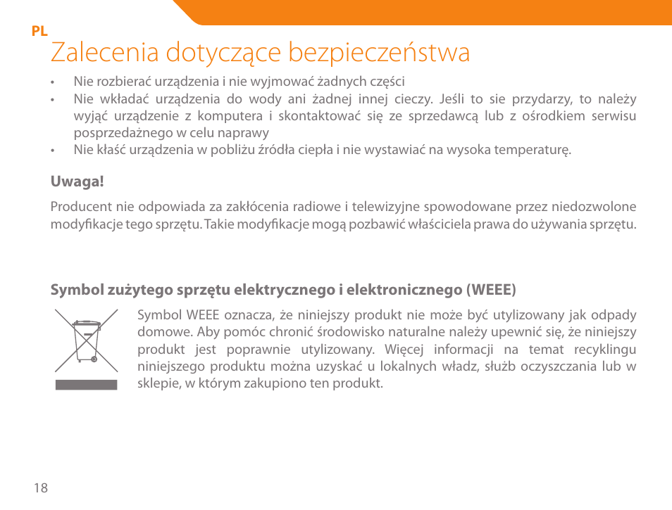 Zalecenia dotyczące bezpieczeństwa | Acme MW07 User Manual | Page 18 / 58
