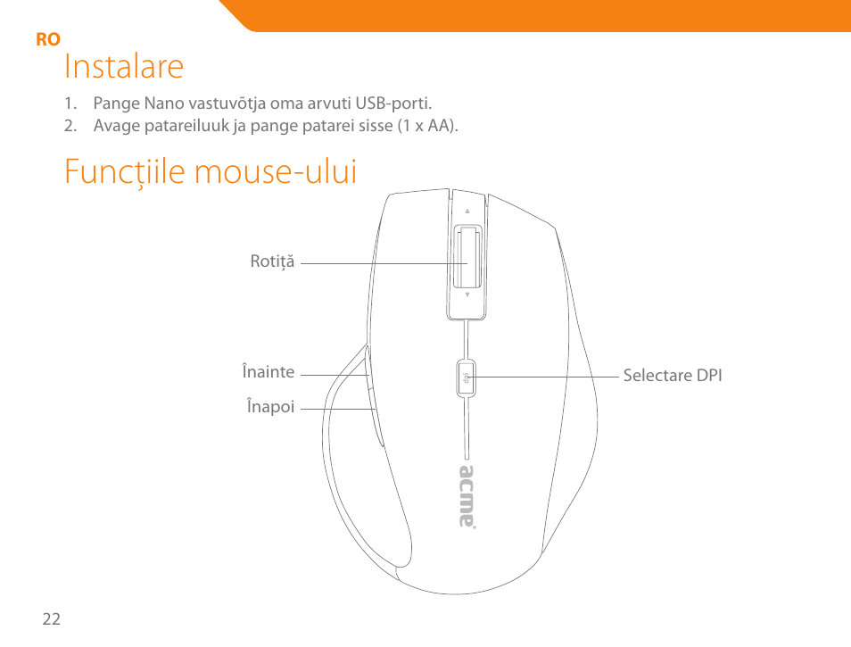 Instalare, Funcţiile mouse-ului | Acme MW07 User Manual | Page 22 / 58
