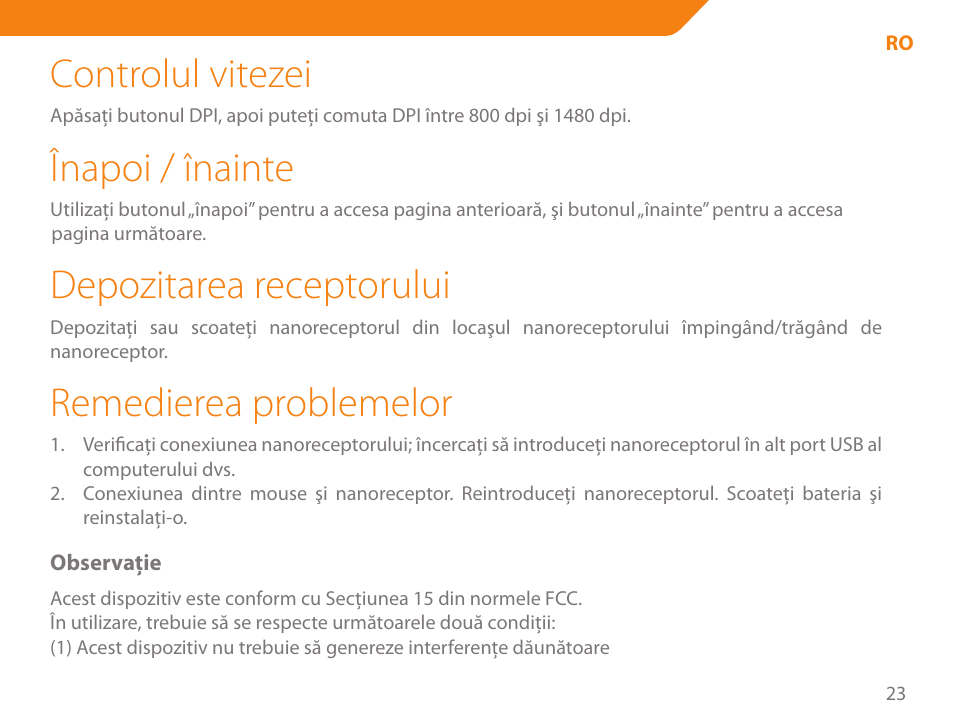 Controlul vitezei, Înapoi / înainte, Depozitarea receptorului | Remedierea problemelor | Acme MW07 User Manual | Page 23 / 58