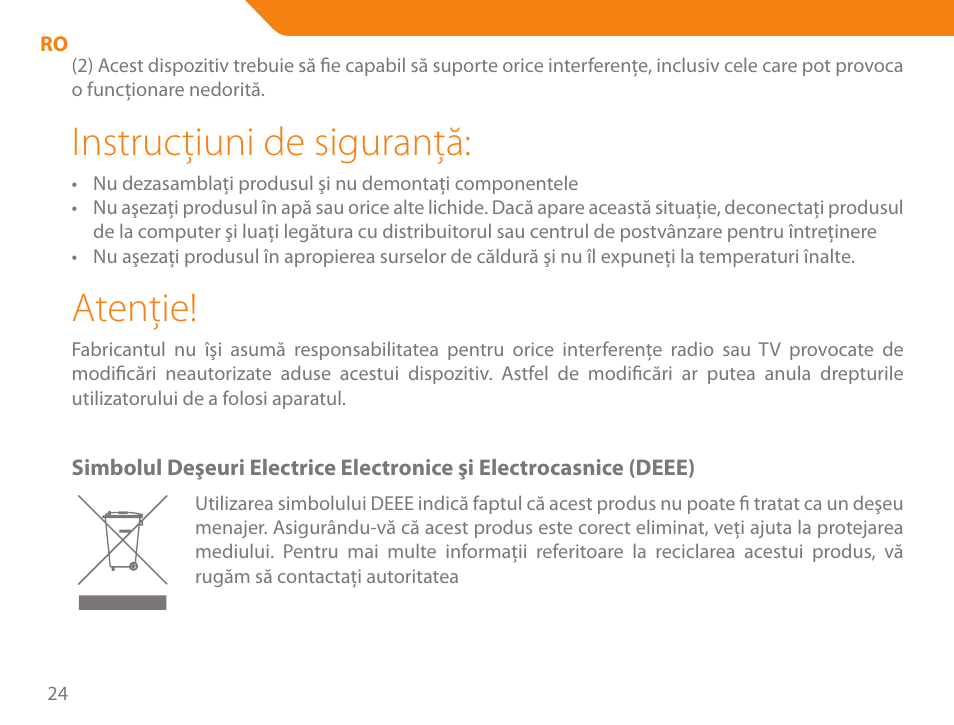 Instrucţiuni de siguranţă, Atenţie | Acme MW07 User Manual | Page 24 / 58