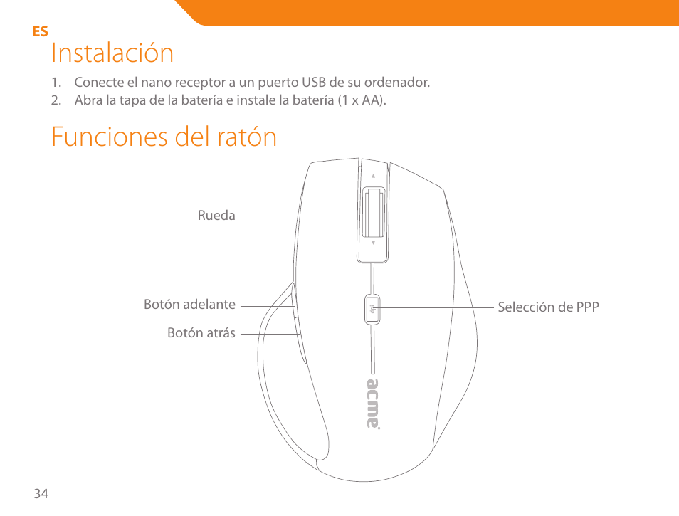 Instalación, Funciones del ratón | Acme MW07 User Manual | Page 34 / 58