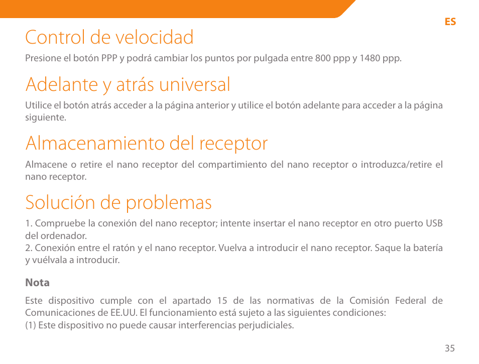 Control de velocidad, Adelante y atrás universal, Almacenamiento del receptor | Solución de problemas | Acme MW07 User Manual | Page 35 / 58