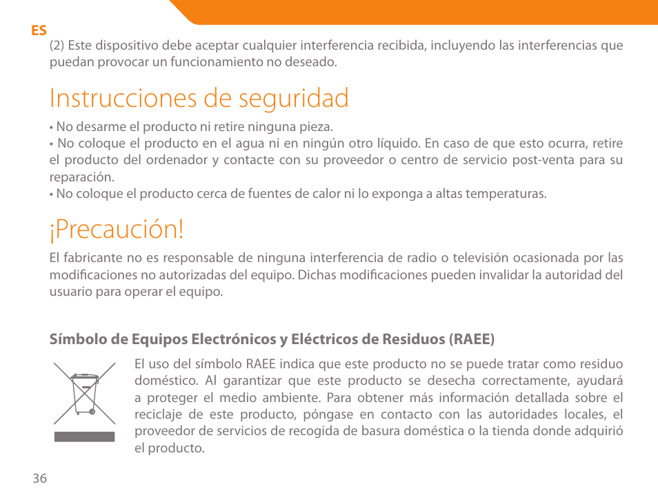 Instrucciones de seguridad, Precaución | Acme MW07 User Manual | Page 36 / 58