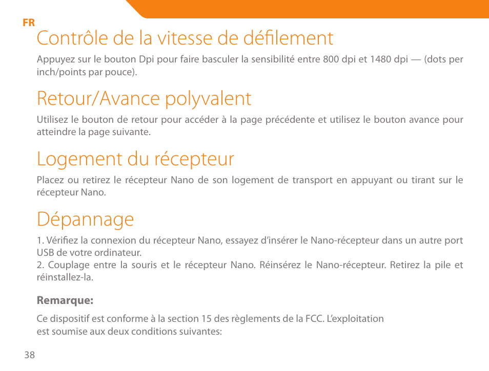 Contrôle de la vitesse de défilement, Retour/avance polyvalent, Logement du récepteur | Dépannage | Acme MW07 User Manual | Page 38 / 58
