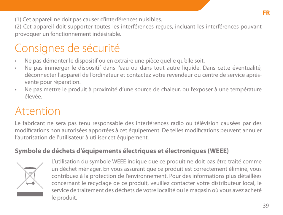 Consignes de sécurité, Attention | Acme MW07 User Manual | Page 39 / 58