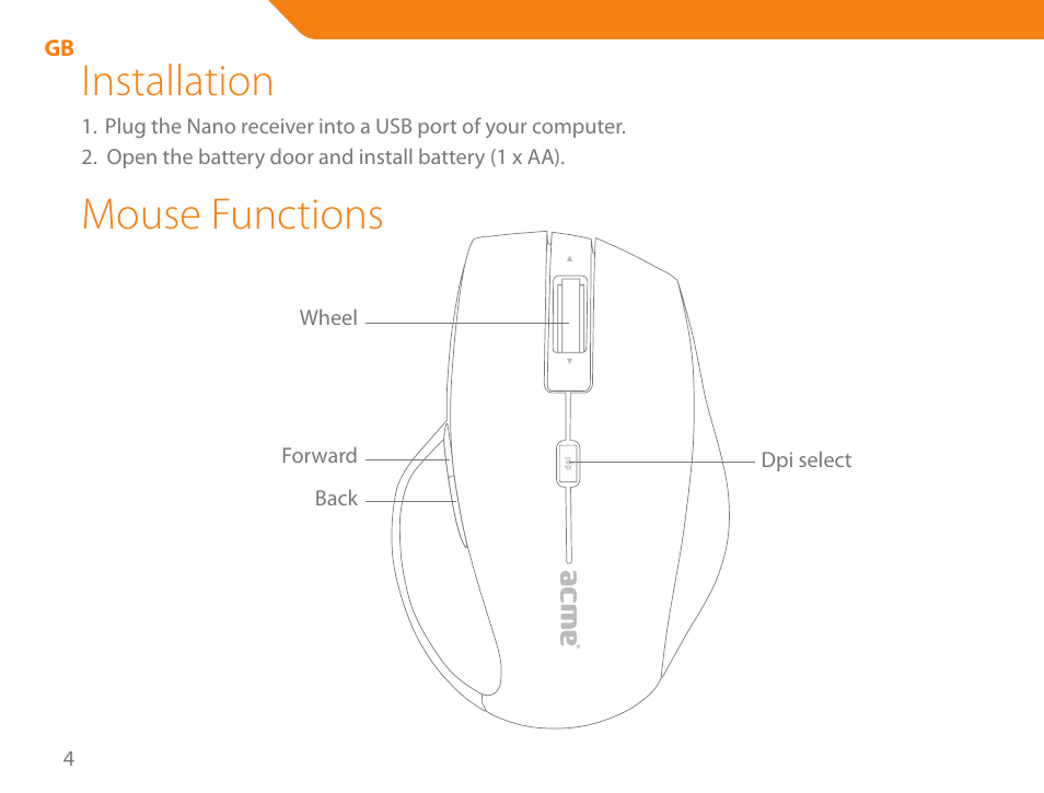 Installation, Mouse functions | Acme MW07 User Manual | Page 4 / 58