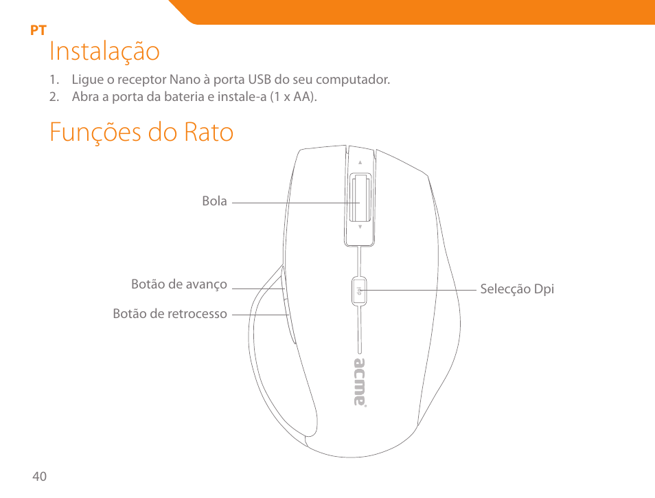 Instalação, Funções do rato | Acme MW07 User Manual | Page 40 / 58