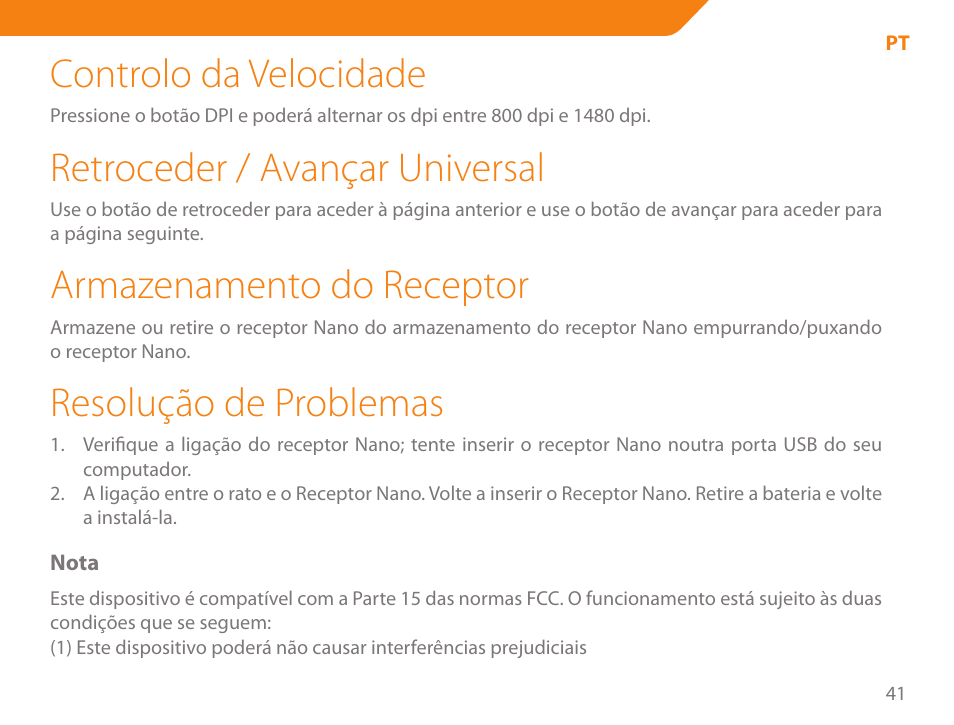 Controlo da velocidade, Retroceder / avançar universal, Armazenamento do receptor | Resolução de problemas | Acme MW07 User Manual | Page 41 / 58