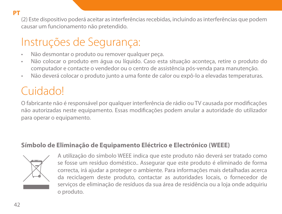 Instruções de segurança, Cuidado | Acme MW07 User Manual | Page 42 / 58