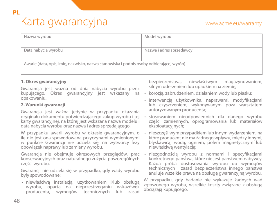 Karta gwarancyjna | Acme MW07 User Manual | Page 48 / 58