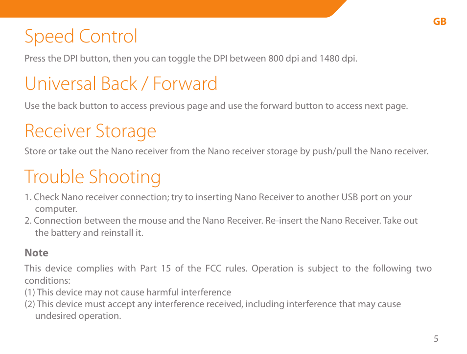 Speed control, Universal back / forward, Receiver storage | Trouble shooting | Acme MW07 User Manual | Page 5 / 58