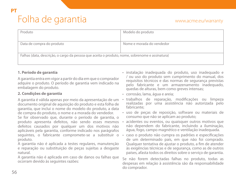 Folha de garantia | Acme MW07 User Manual | Page 56 / 58