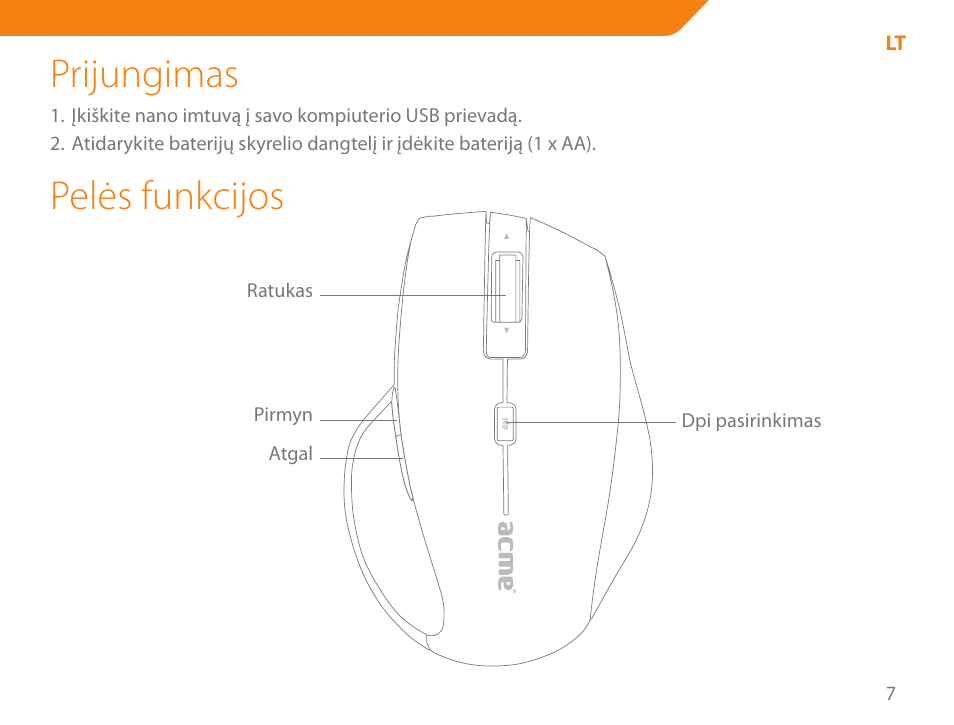 Prijungimas, Pelės funkcijos | Acme MW07 User Manual | Page 7 / 58