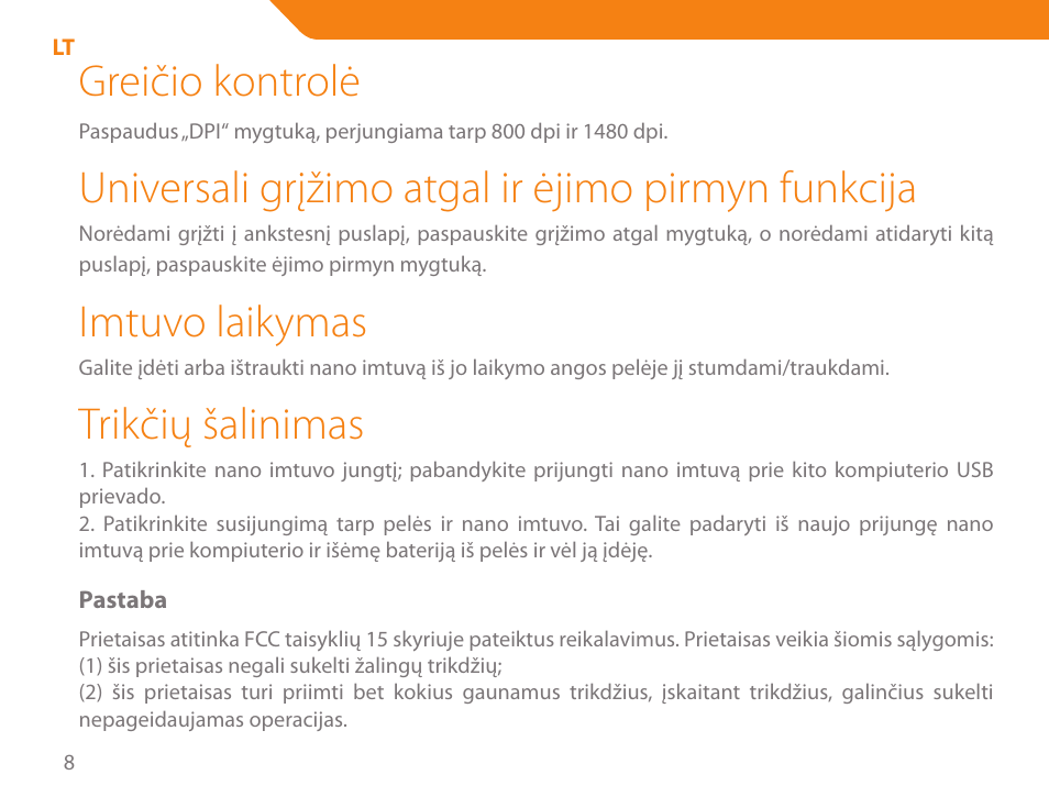 Greičio kontrolė, Universali grįžimo atgal ir ėjimo pirmyn funkcija, Imtuvo laikymas | Trikčių šalinimas | Acme MW07 User Manual | Page 8 / 58