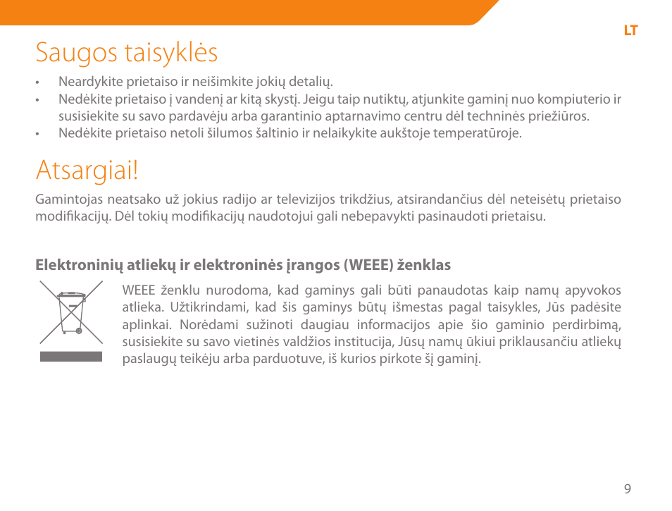 Saugos taisyklės, Atsargiai | Acme MW07 User Manual | Page 9 / 58