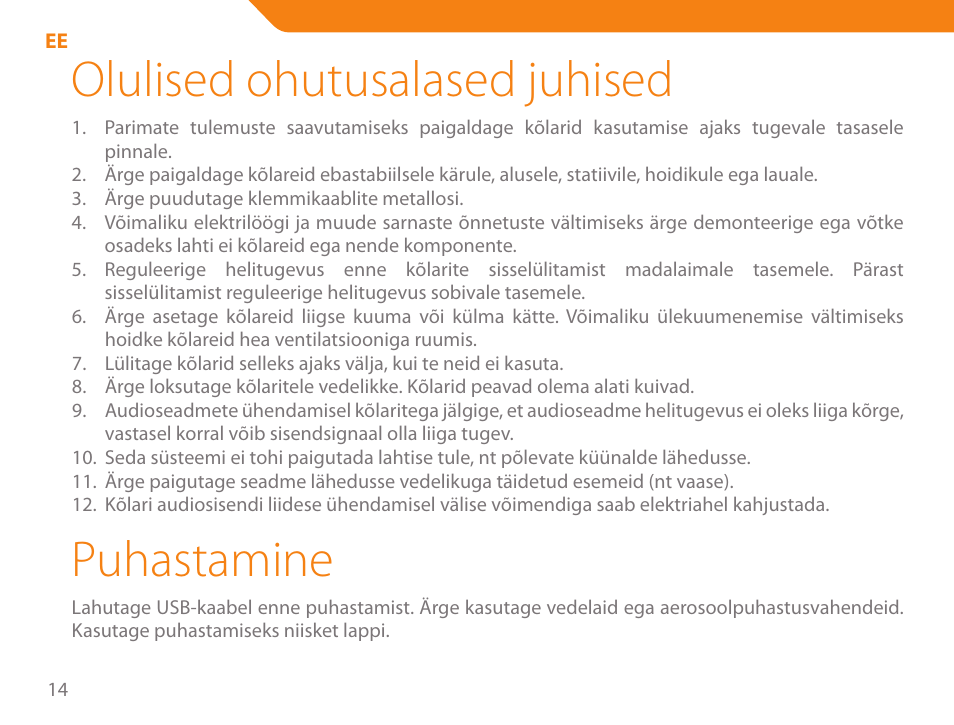 Olulised ohutusalased juhised, Puhastamine | Acme SS-110 User Manual | Page 14 / 54
