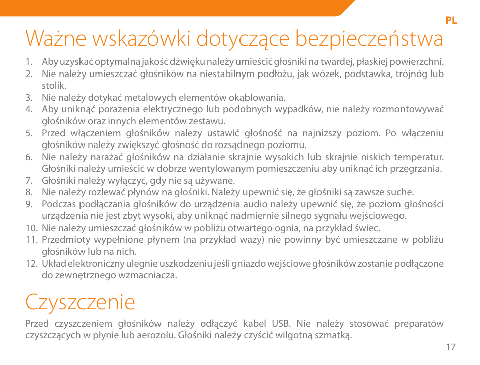 Ważne wskazówki dotyczące bezpieczeństwa, Czyszczenie | Acme SS-110 User Manual | Page 17 / 54