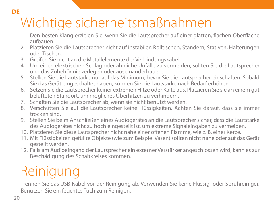 Wichtige sicherheitsmaßnahmen, Reinigung | Acme SS-110 User Manual | Page 20 / 54