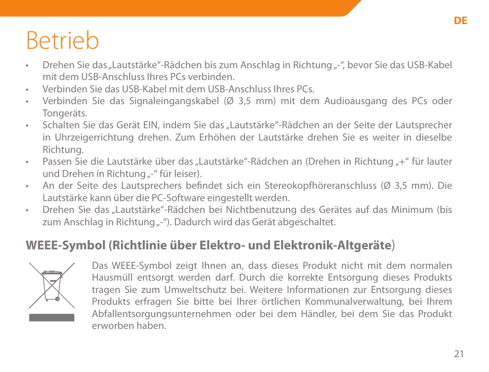 Betrieb | Acme SS-110 User Manual | Page 21 / 54