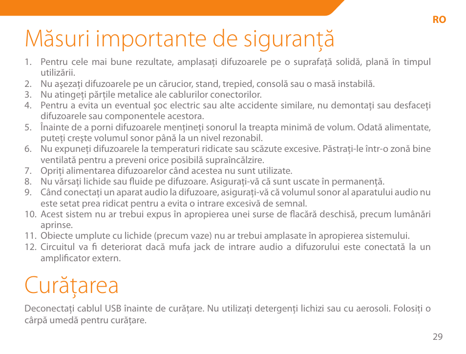 Măsuri importante de siguranţă, Curăţarea | Acme SS-110 User Manual | Page 29 / 54