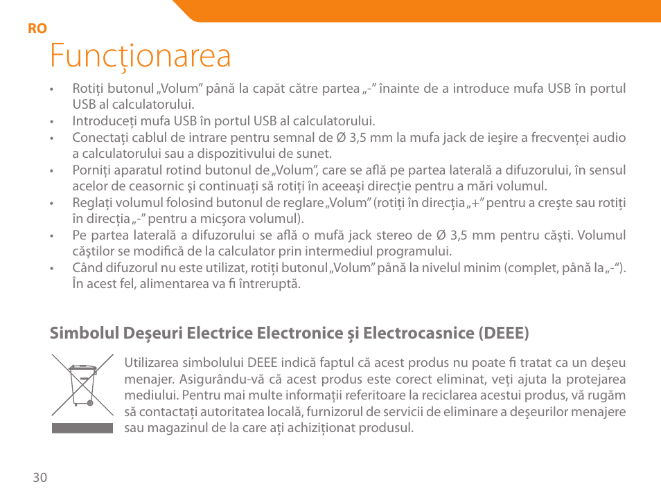Funcţionarea | Acme SS-110 User Manual | Page 30 / 54