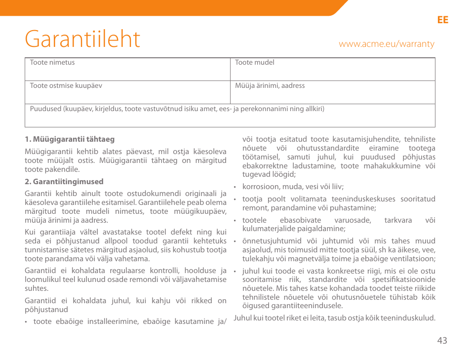 Garantiileht | Acme SS-110 User Manual | Page 43 / 54