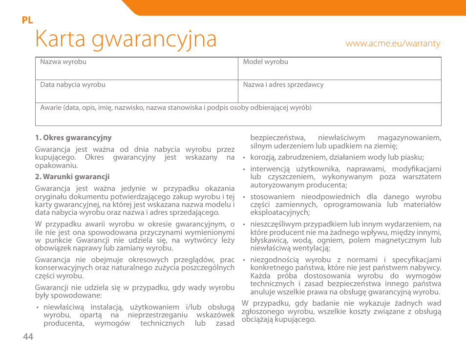 Karta gwarancyjna | Acme SS-110 User Manual | Page 44 / 54