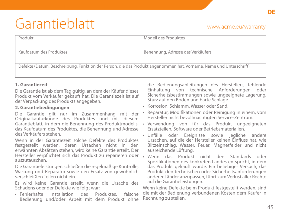 Garantieblatt | Acme SS-110 User Manual | Page 45 / 54