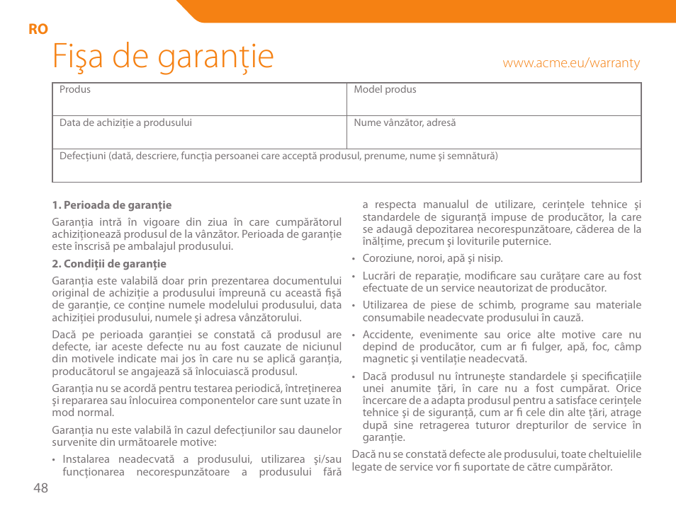 Fişa de garanţie | Acme SS-110 User Manual | Page 48 / 54