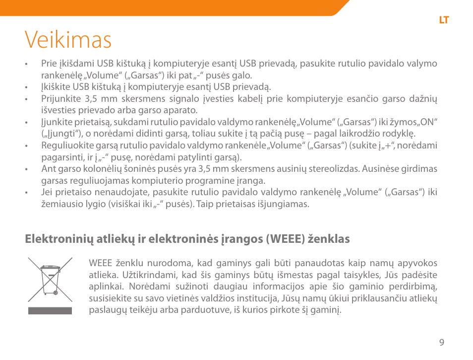 Veikimas | Acme SS-110 User Manual | Page 9 / 54