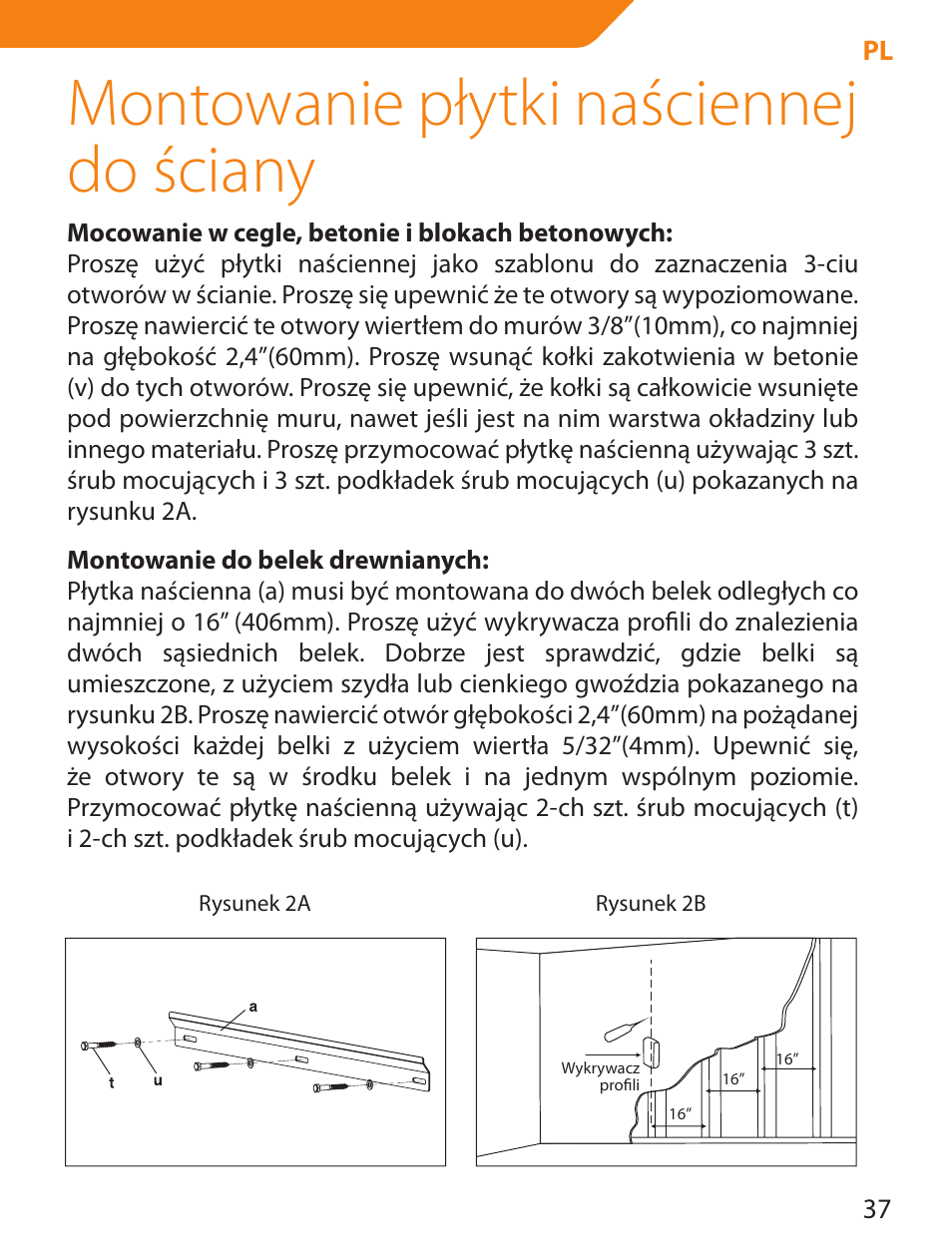 Montowanie płytki naściennej do ściany | Acme PLB114S User Manual | Page 37 / 100