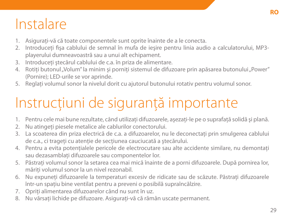 Instalare, Instrucţiuni de siguranţă importante | Acme NI-51 User Manual | Page 29 / 52