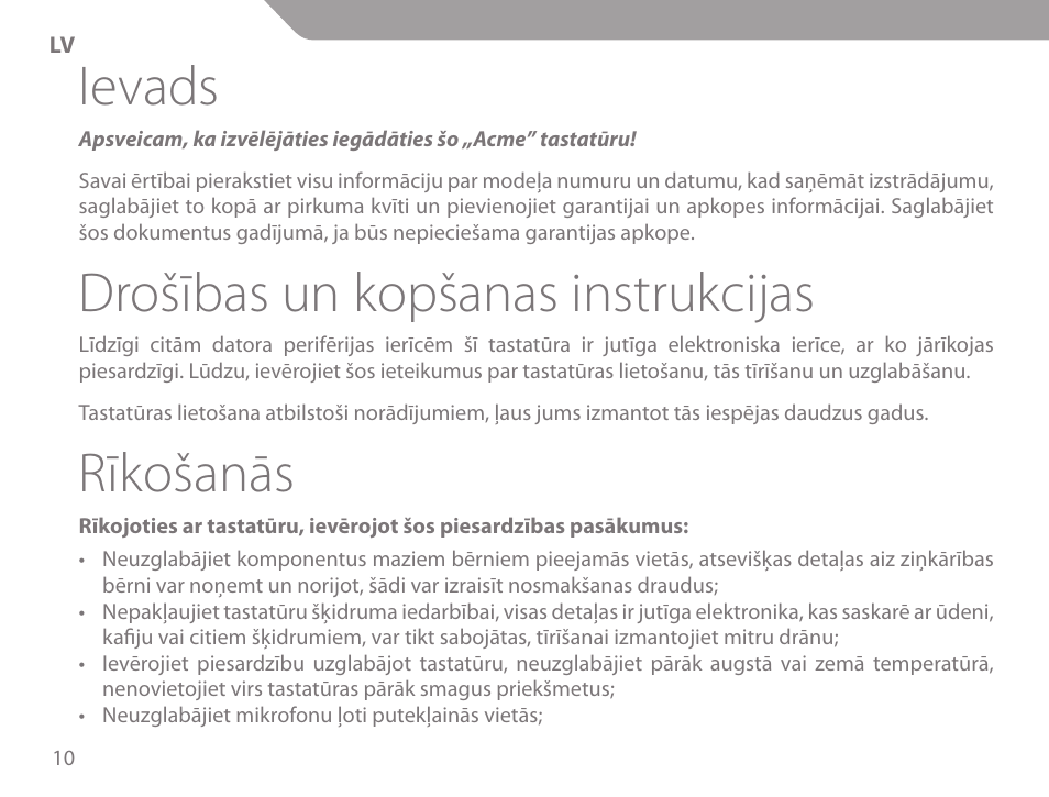 Ievads, Drošības un kopšanas instrukcijas, Rīkošanās | Acme KM-03 User Manual | Page 10 / 60