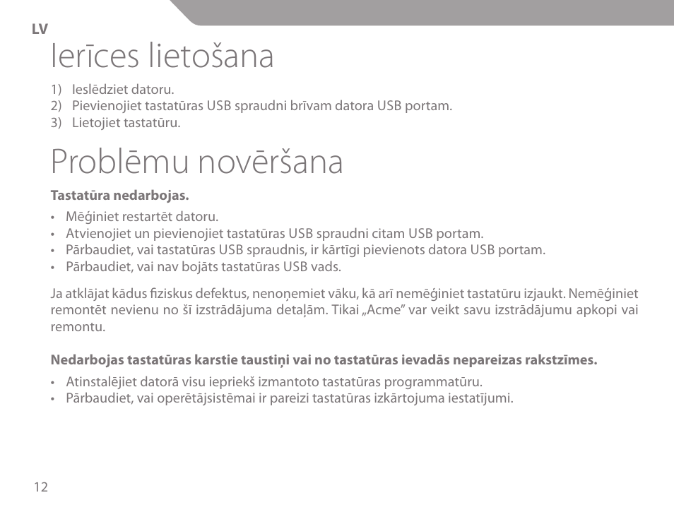 Ierīces lietošana, Problēmu novēršana | Acme KM-03 User Manual | Page 12 / 60