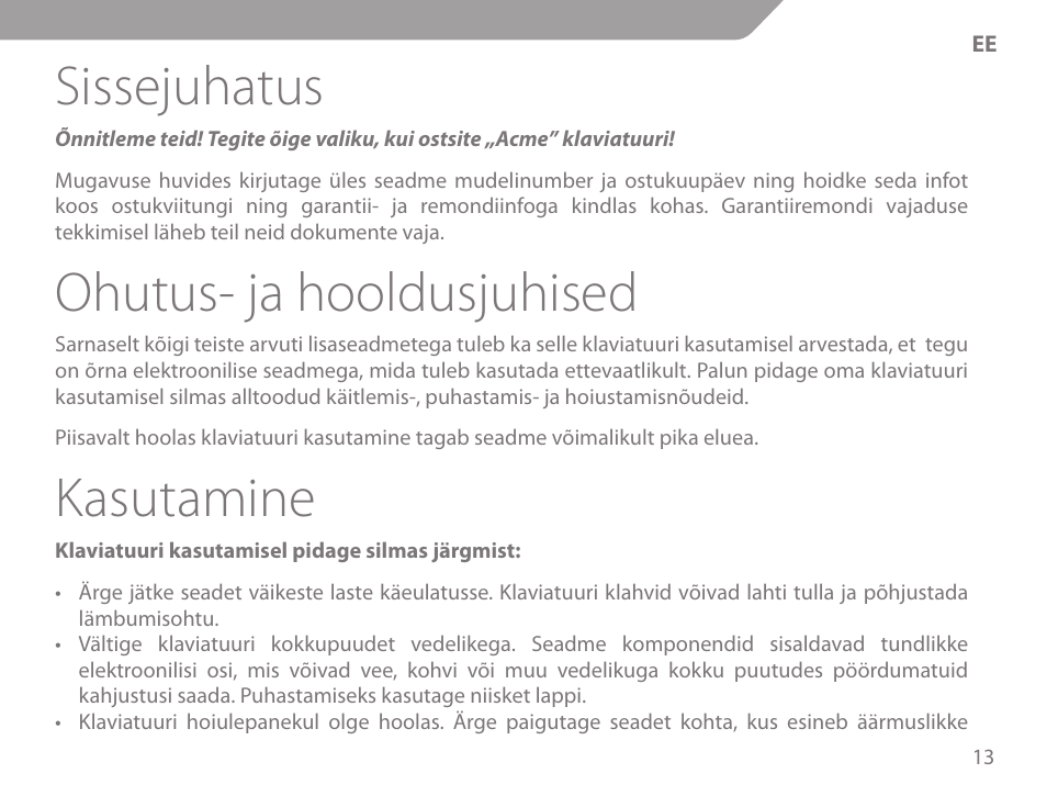 Sissejuhatus, Ohutus- ja hooldusjuhised, Kasutamine | Acme KM-03 User Manual | Page 13 / 60