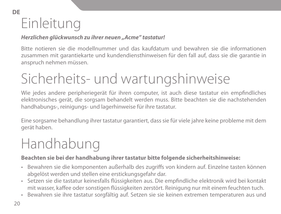 Einleitung, Sicherheits- und wartungshinweise, Handhabung | Acme KM-03 User Manual | Page 20 / 60