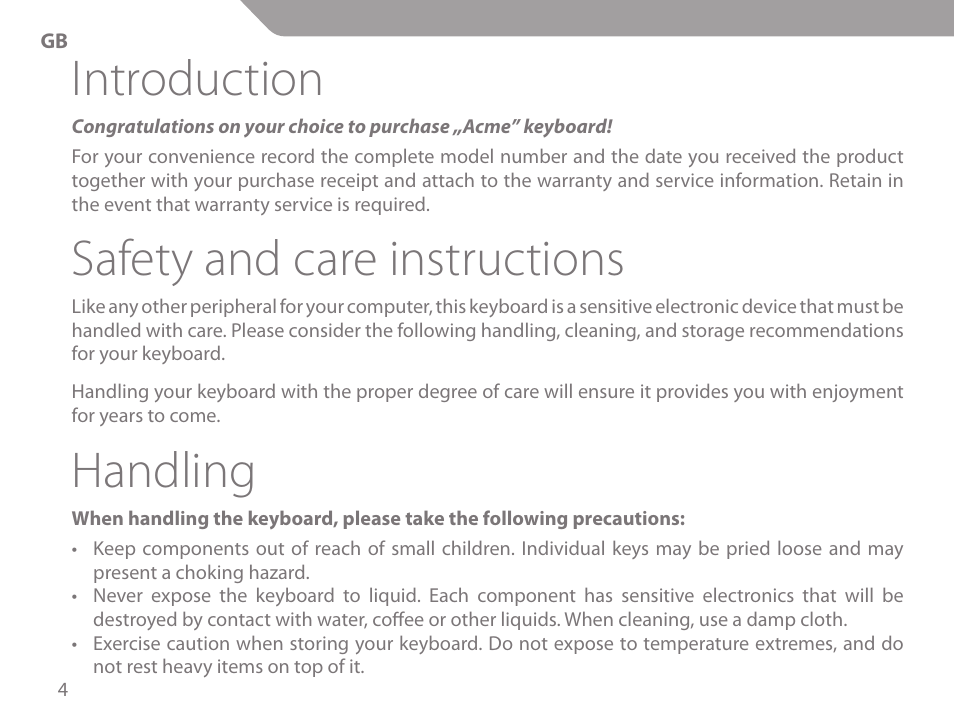 Introduction, Safety and care instructions, Handling | Acme KM-03 User Manual | Page 4 / 60