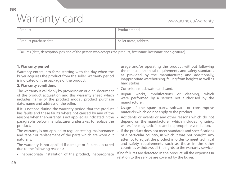 Warranty card | Acme KM-03 User Manual | Page 46 / 60