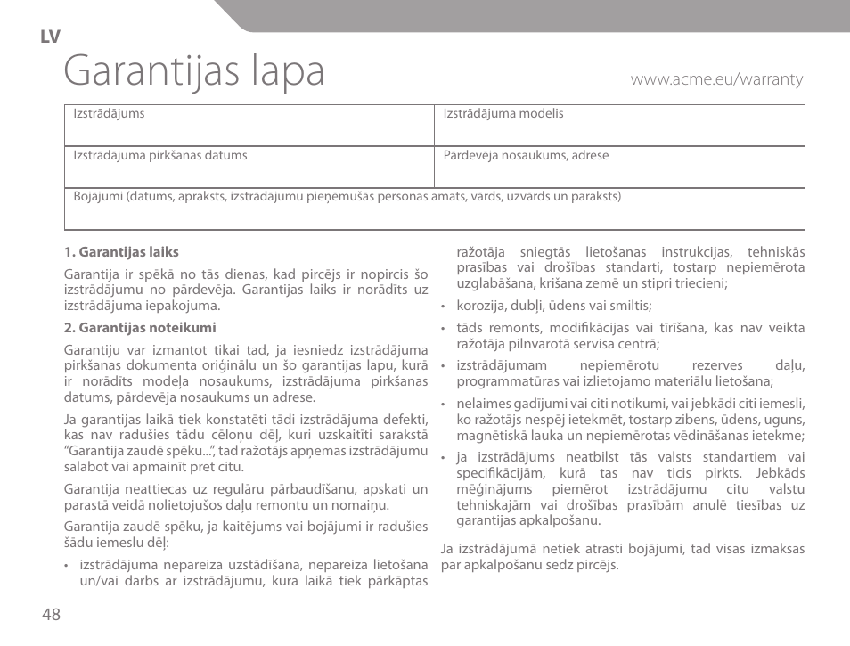 Garantijas lapa | Acme KM-03 User Manual | Page 48 / 60