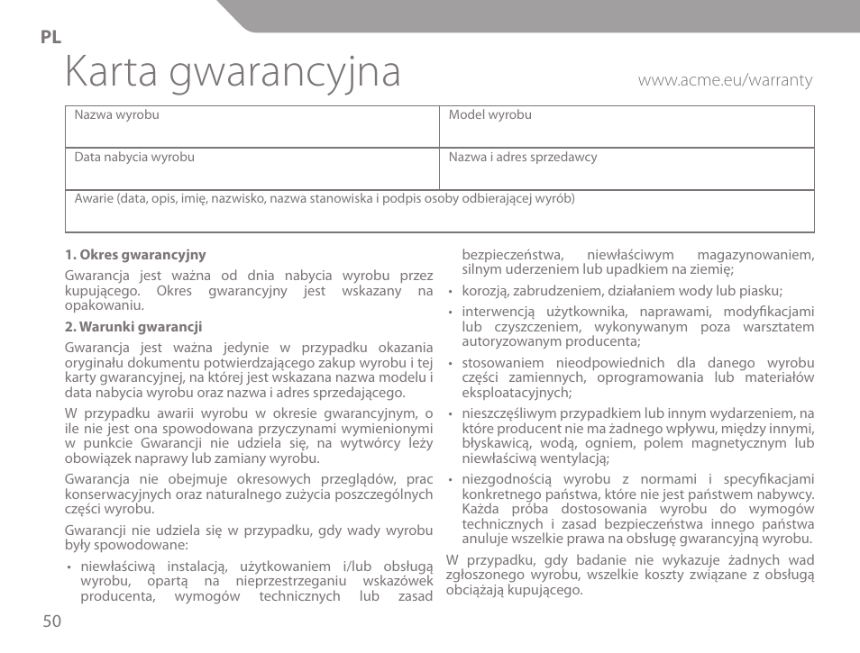 Karta gwarancyjna | Acme KM-03 User Manual | Page 50 / 60