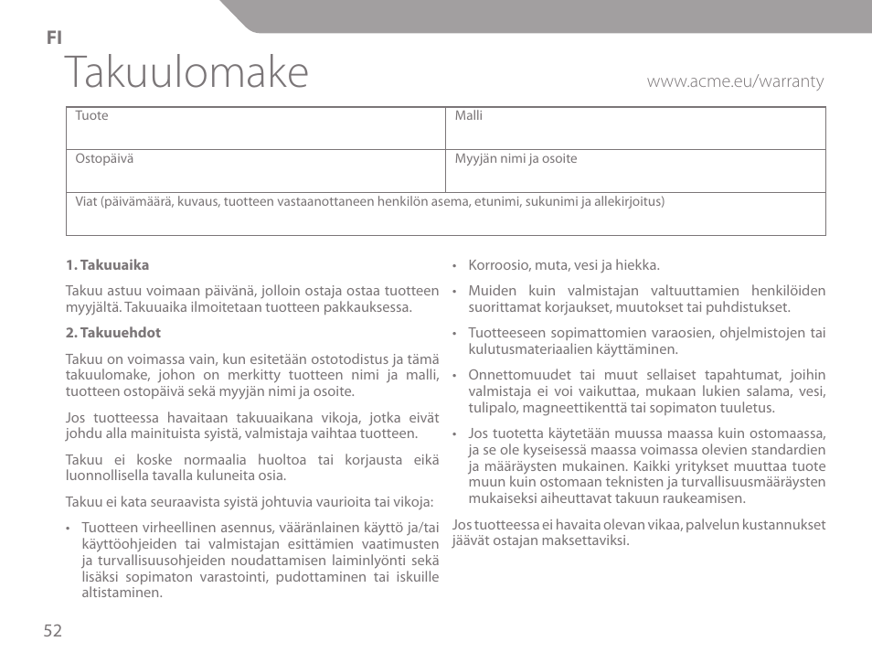 Takuulomake | Acme KM-03 User Manual | Page 52 / 60