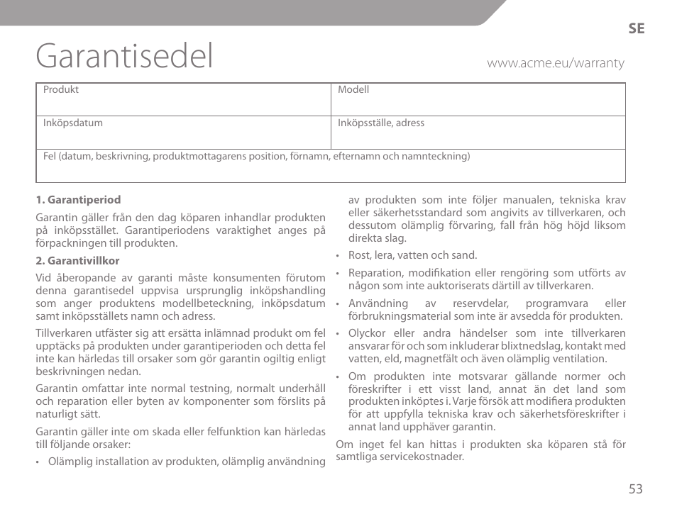 Garantisedel | Acme KM-03 User Manual | Page 53 / 60