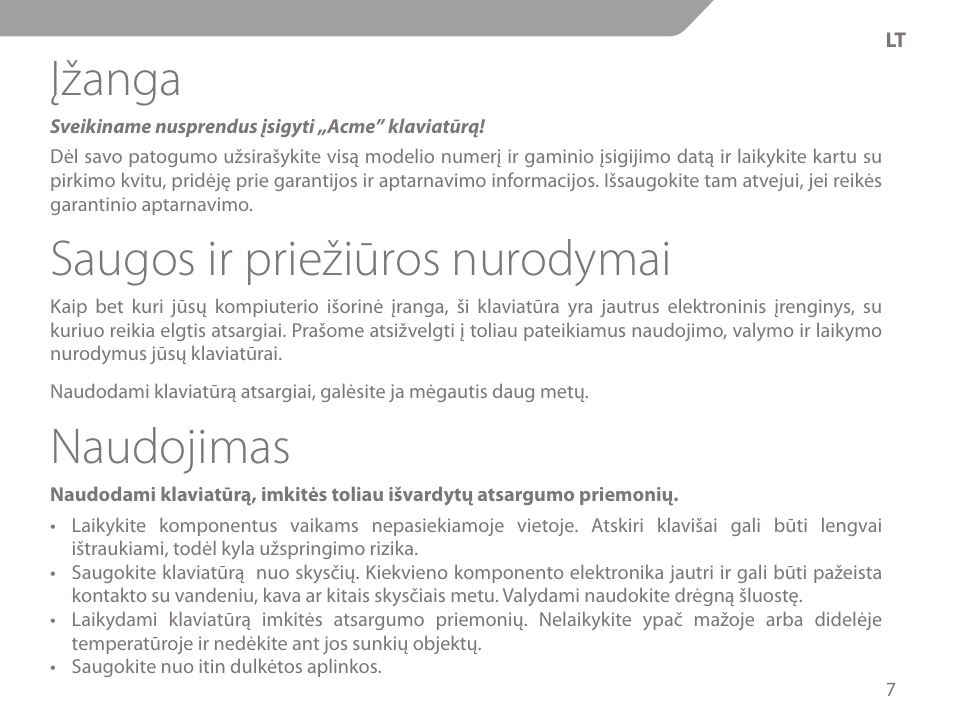 Įžanga, Saugos ir priežiūros nurodymai, Naudojimas | Acme KM-03 User Manual | Page 7 / 60