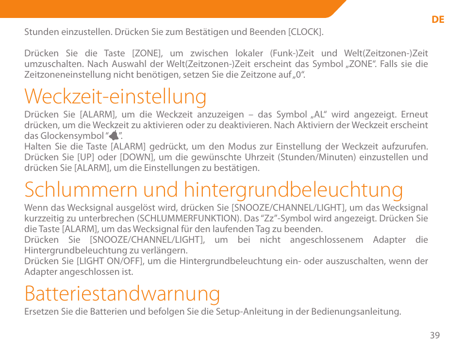 Weckzeit-einstellung, Schlummern und hintergrundbeleuchtung, Batteriestandwarnung | Acme WW01 User Manual | Page 39 / 48