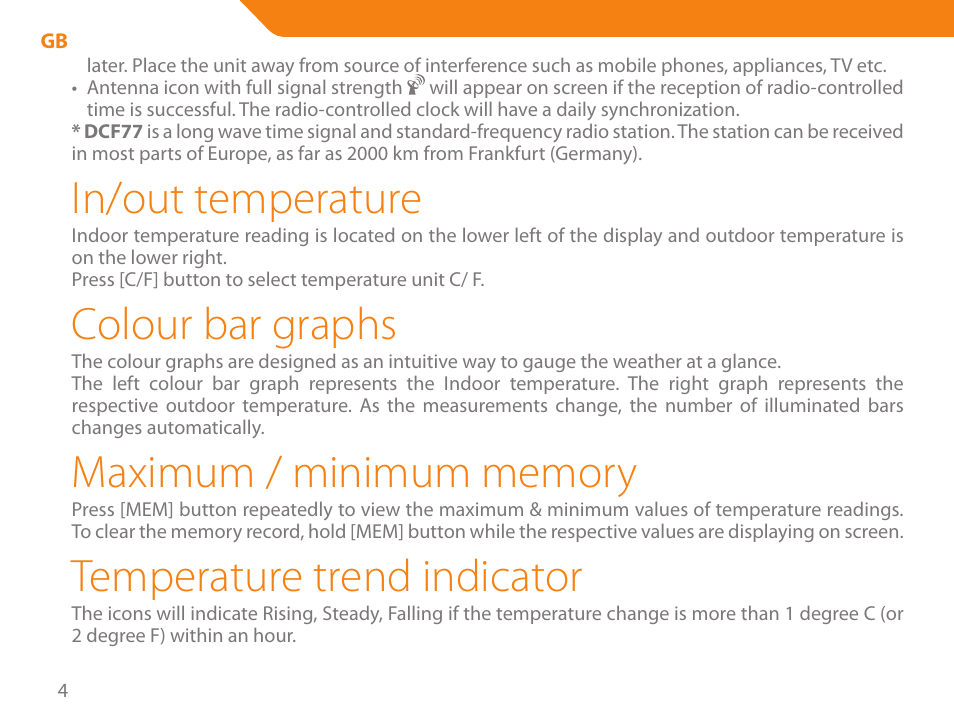 In/out temperature, Colour bar graphs, Temperature trend indicator | Acme WW01 User Manual | Page 4 / 48