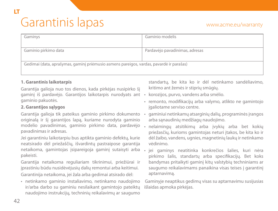 Garantinis lapas | Acme WW01 User Manual | Page 42 / 48