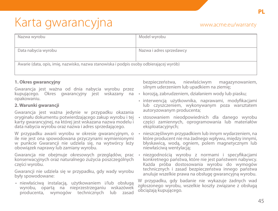 Karta gwarancyjna | Acme WW01 User Manual | Page 45 / 48