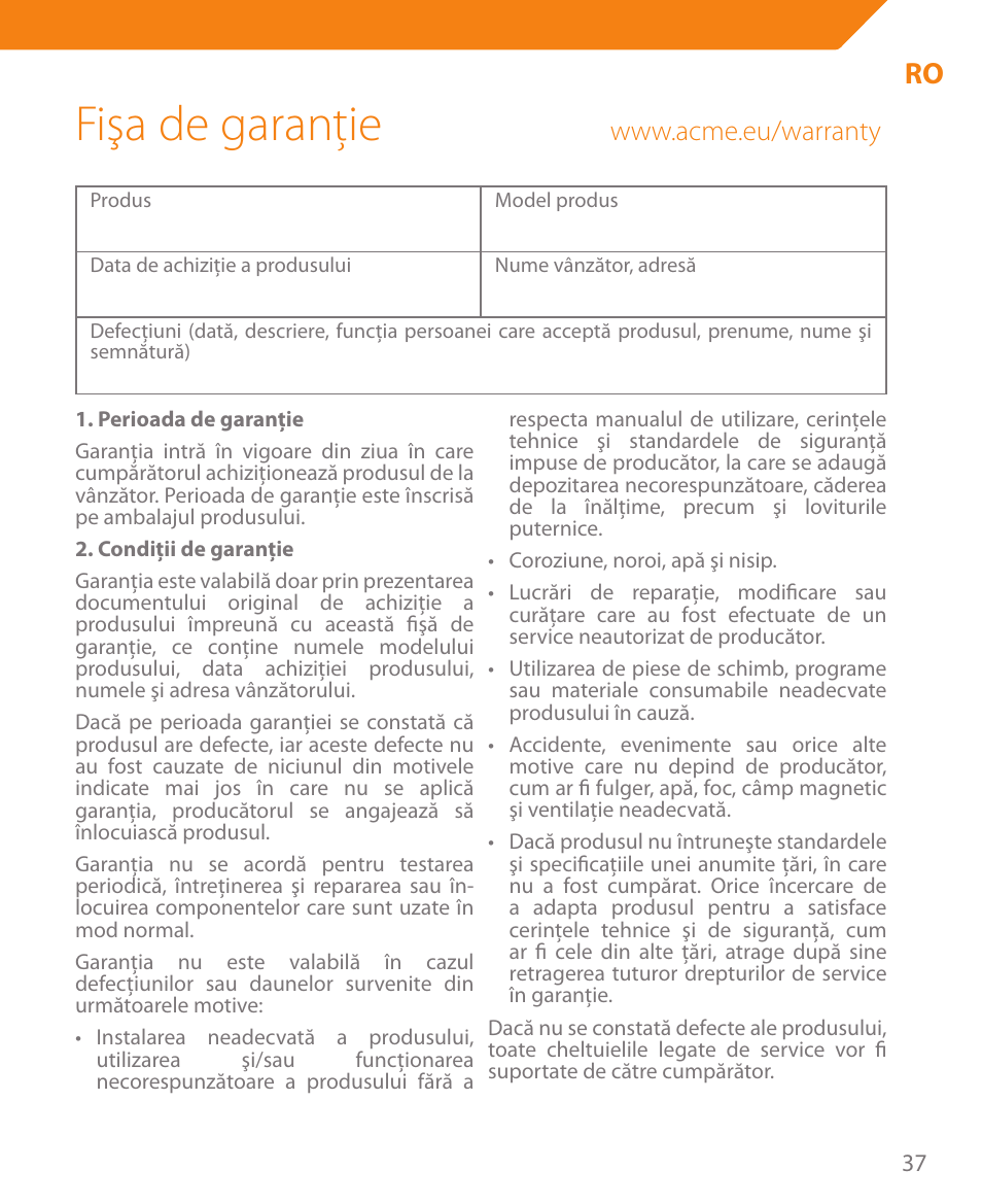 Fişa de garanţie | Acme CR03 User Manual | Page 37 / 44