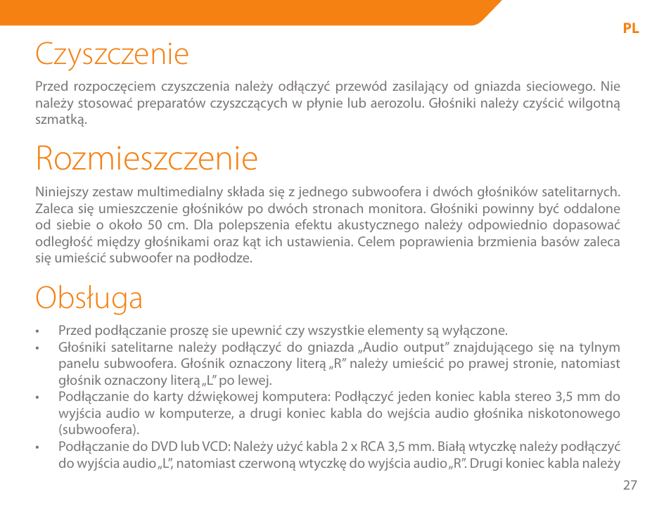 Rozmieszczenie, Czyszczenie, Obsługa | Acme SS205 User Manual | Page 27 / 78
