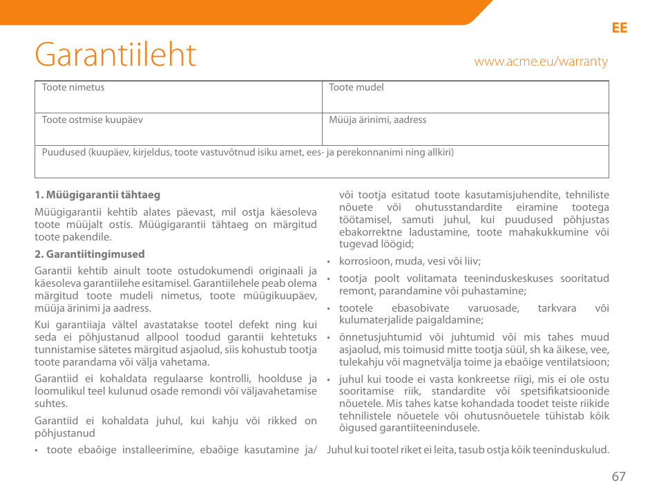 Garantiileht | Acme SS205 User Manual | Page 67 / 78